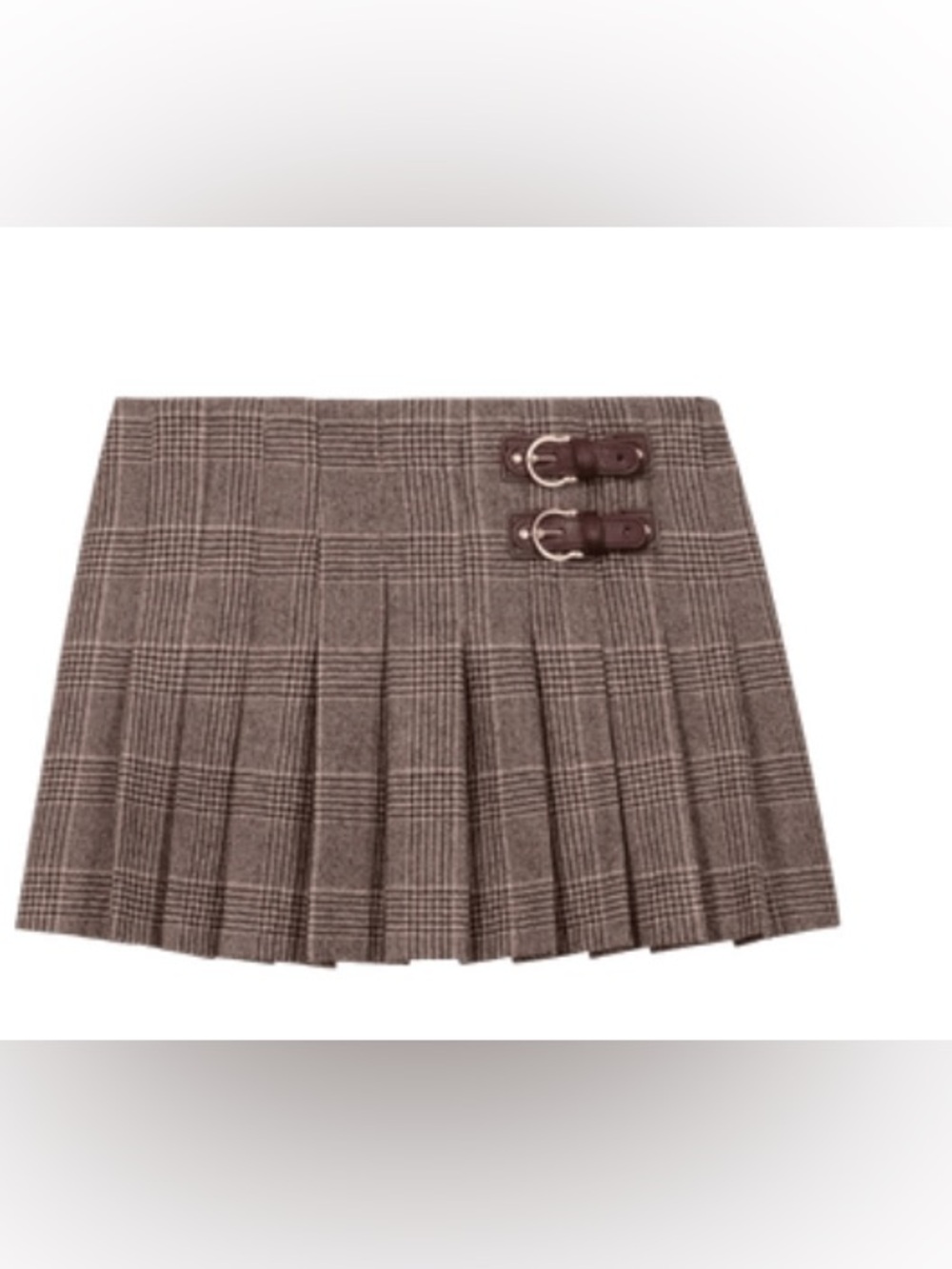 Maje Brown Plaid Pleated Mini Skirt with Buckle Straps